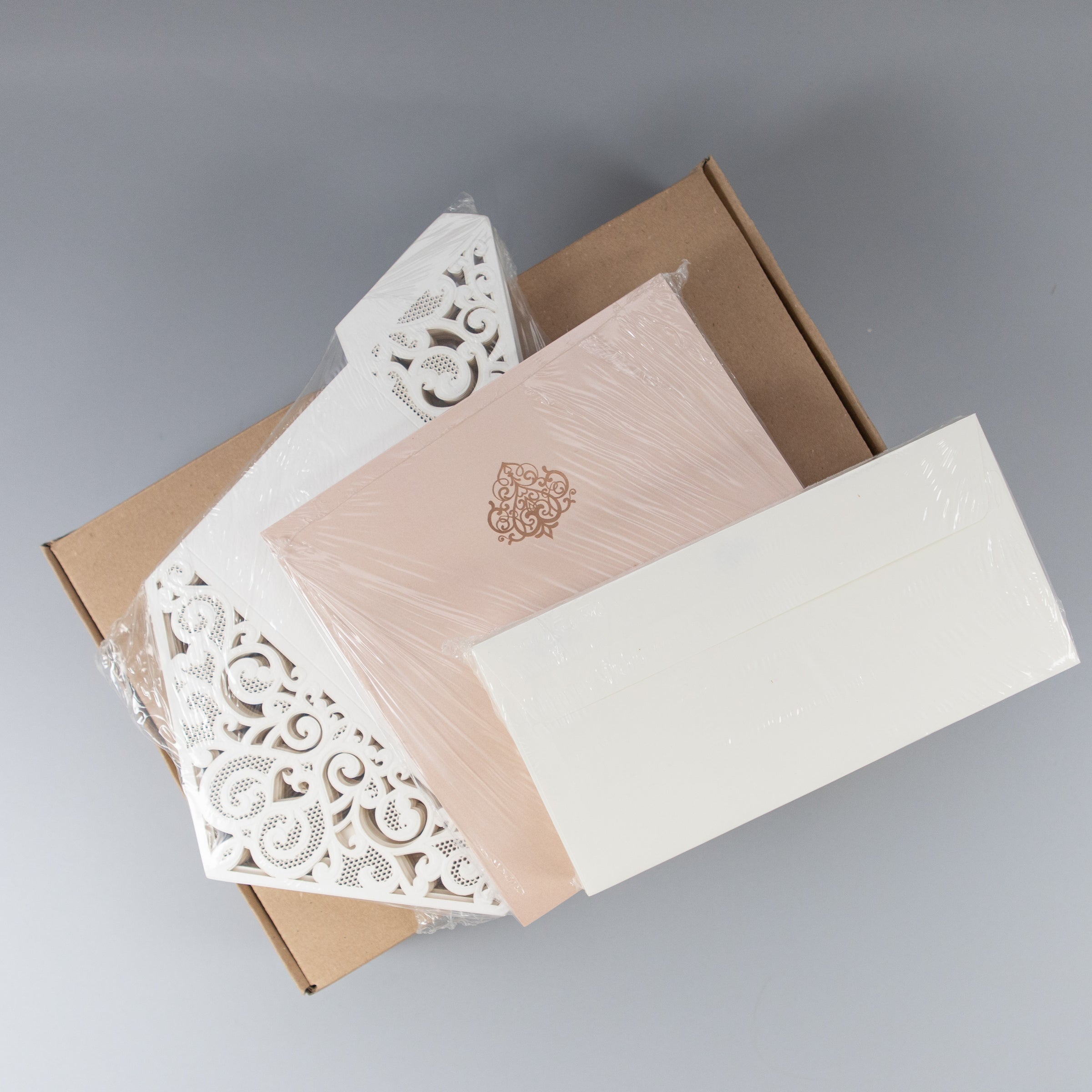 White Pocket Inivtation With Peachy Insert Rose Gold Foil Ornament