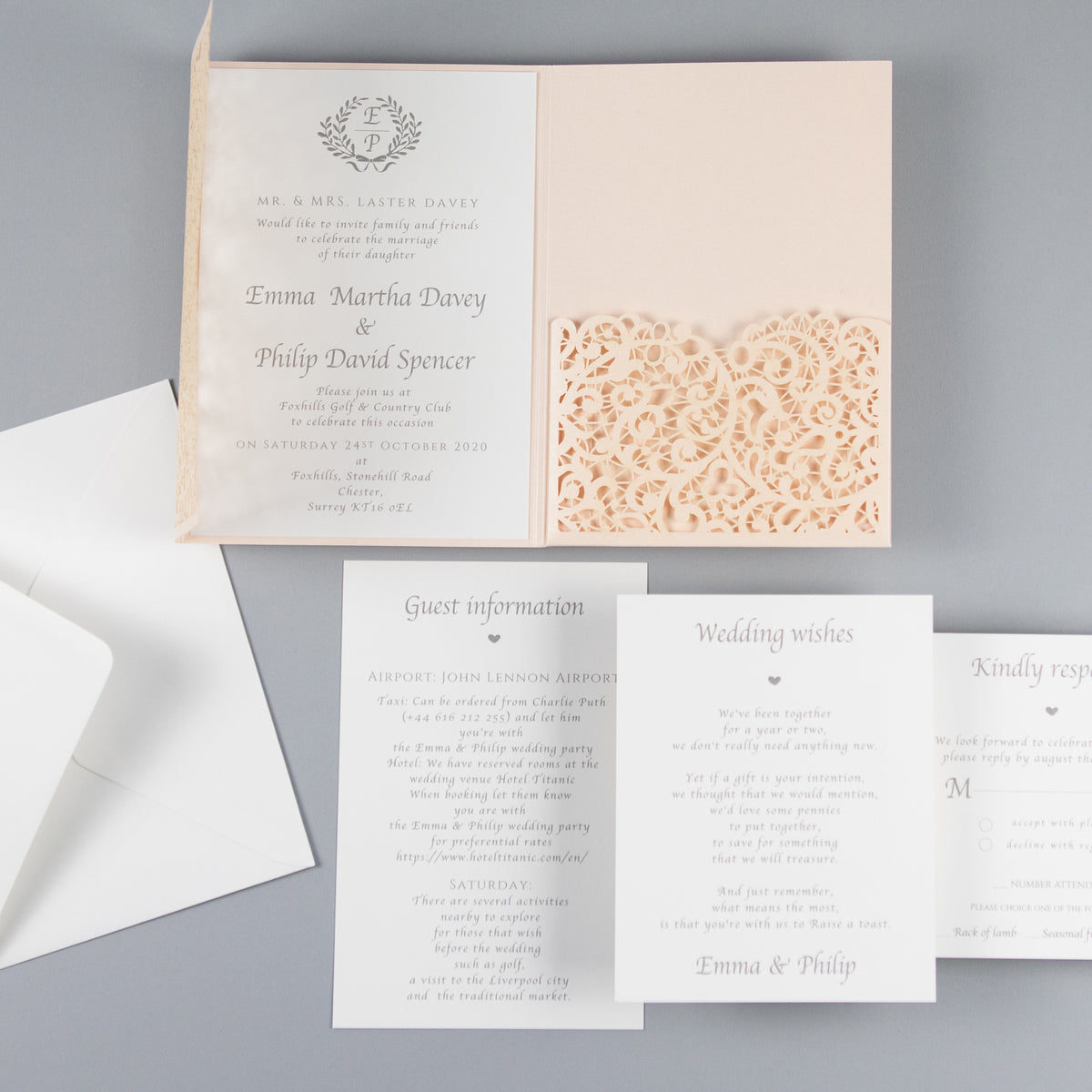 Peach Pocketfold Lace Floral Wedding Invitations