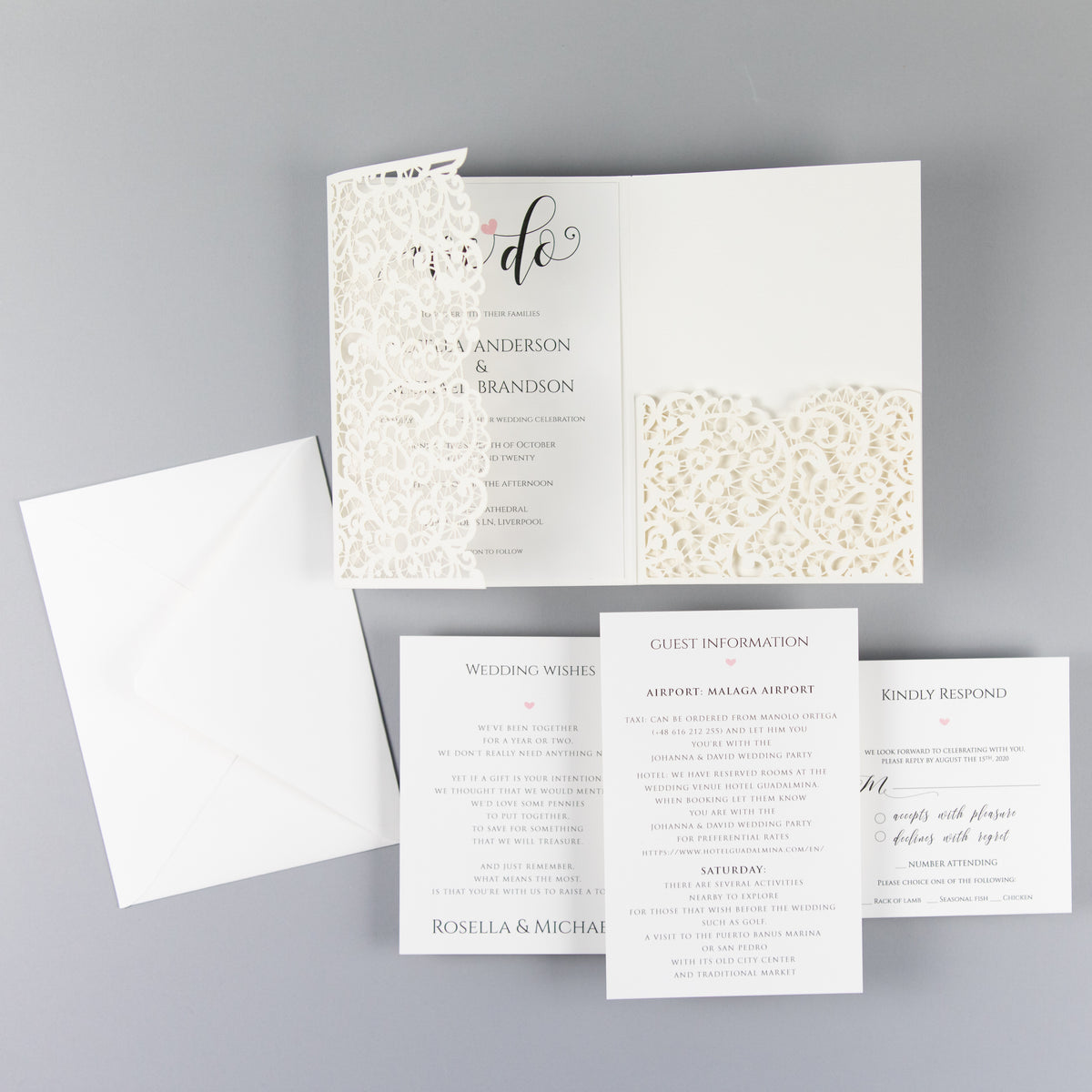 White Pocketfold Lace Floral Wedding Invitations