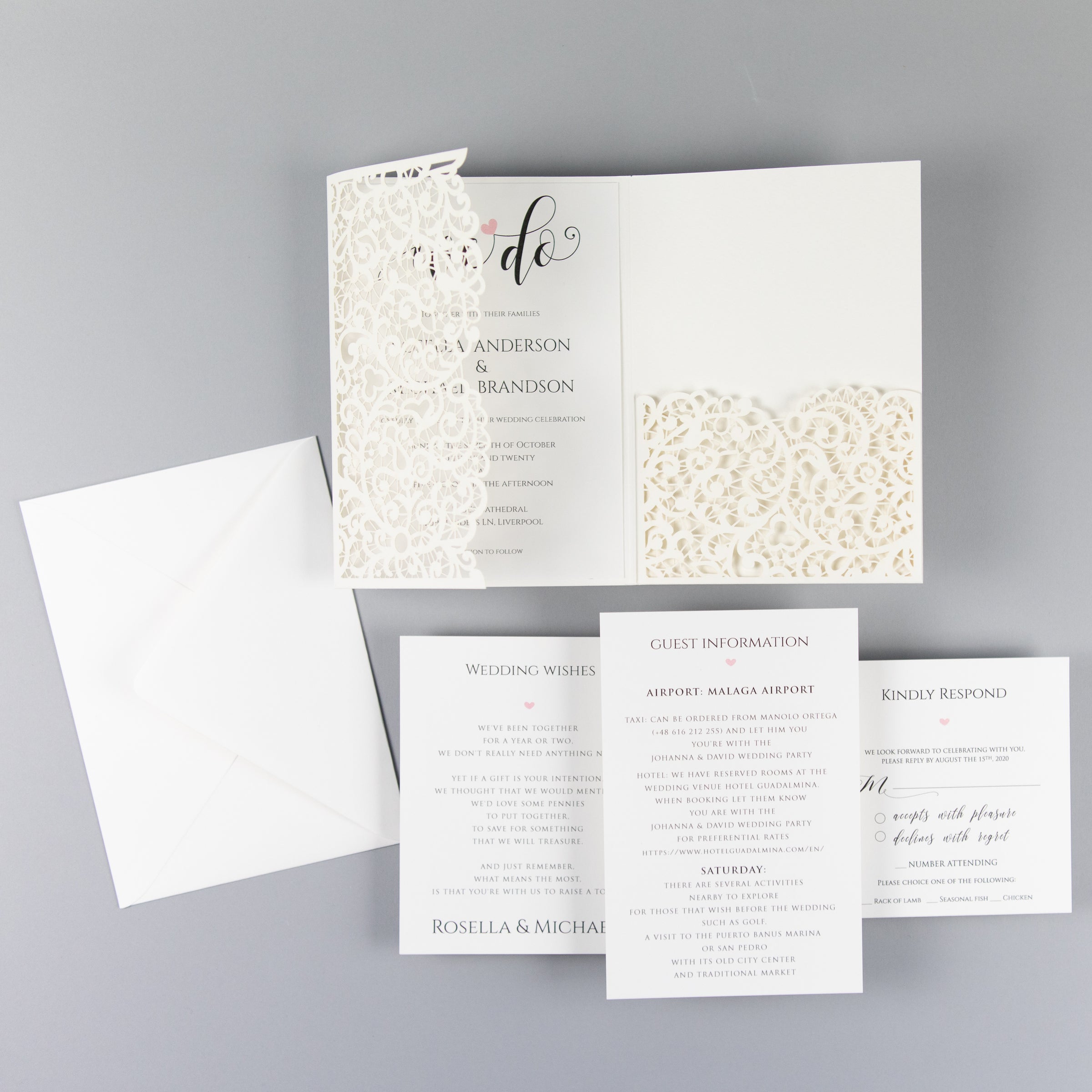 White Pocketfold Lace Floral Wedding Invitations