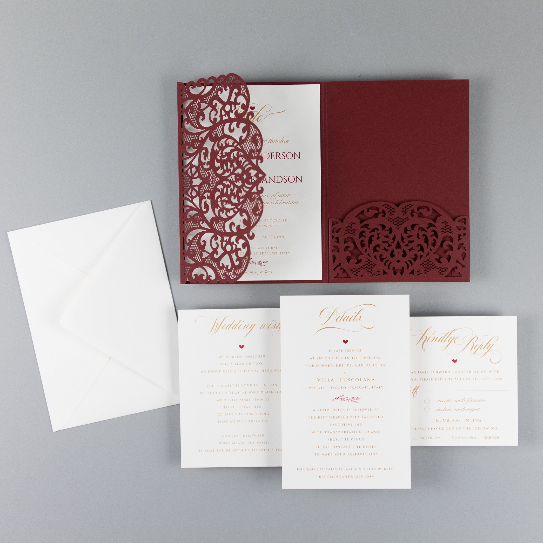 Burgundy Pocketfold Laser Cut Invitations for 4 inserts