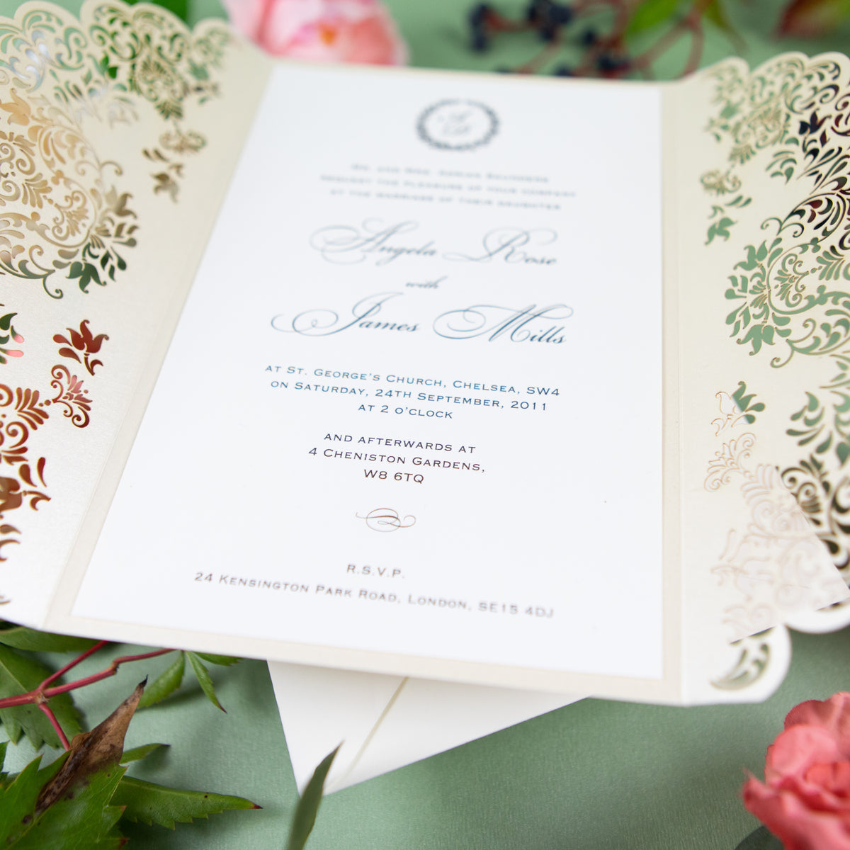 Creamy Classic Laser Cut DIY Wedding Invitation with Ribbon Envelpoes Template