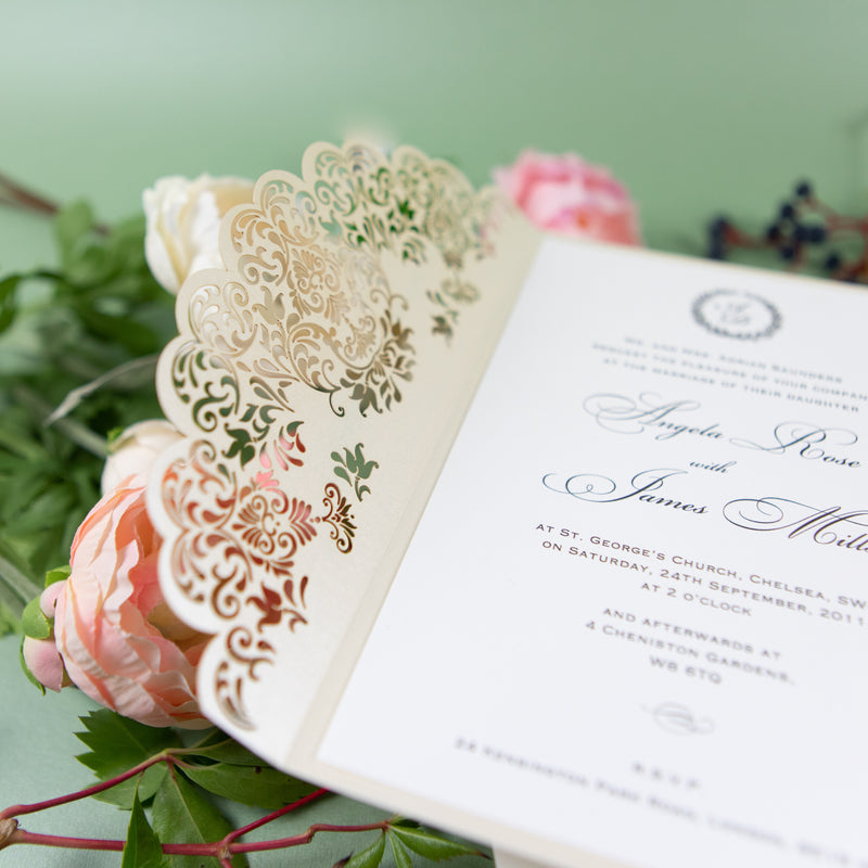 Creamy Classic Laser Cut DIY Wedding Invitation with Ribbon Envelpoes Template