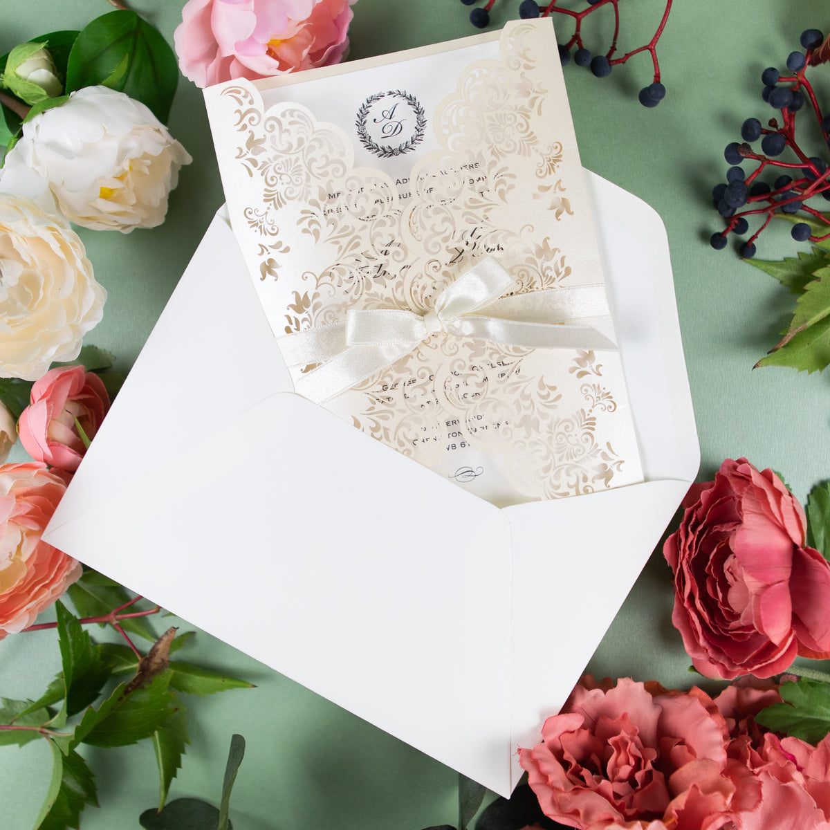 Creamy Classic Laser Cut DIY Wedding Invitation with Ribbon Envelpoes Template