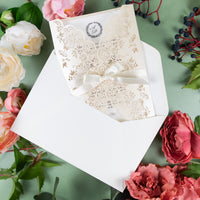 Creamy Classic Laser Cut DIY Wedding Invitation with Ribbon Envelpoes Template