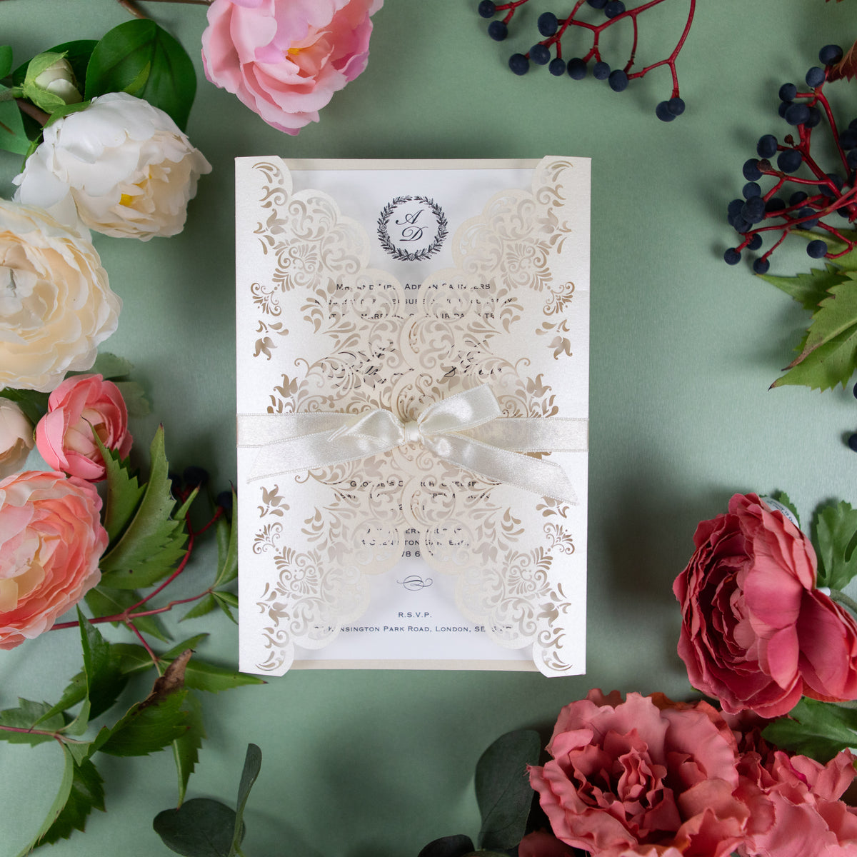 Creamy Classic Laser Cut DIY Wedding Invitation with Ribbon Envelpoes Template