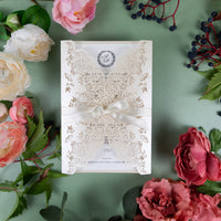 Creamy Classic Laser Cut DIY Wedding Invitation with Ribbon Envelpoes Template