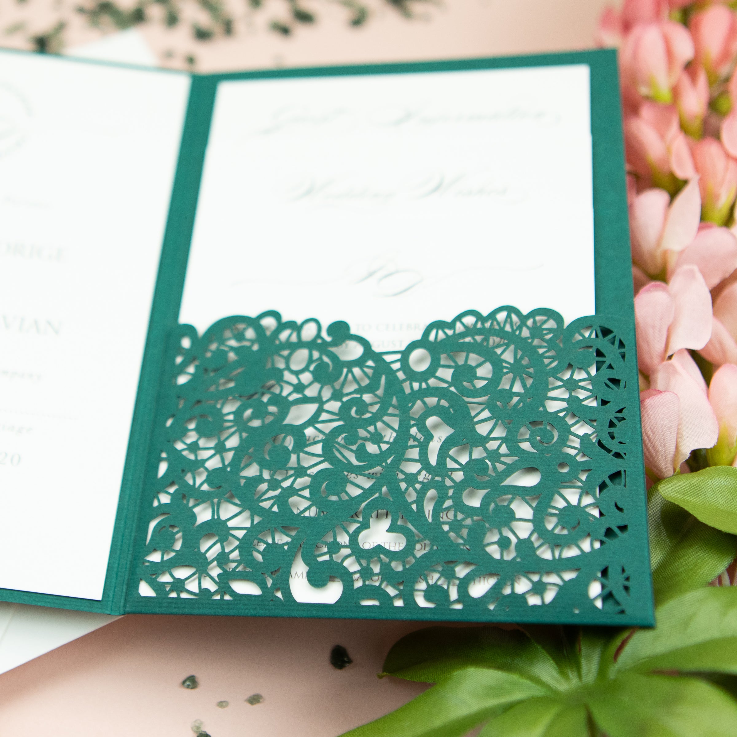 Forest Green Pocketfold Lace Floral Wedding Invitations
