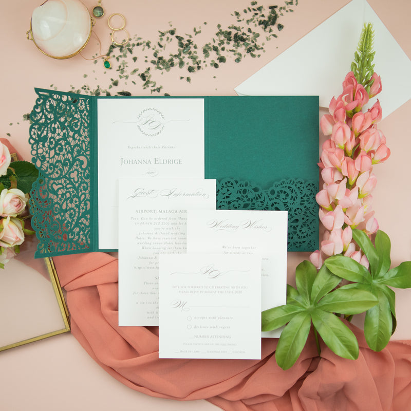 Forest Green Pocketfold Lace Floral Wedding Invitations