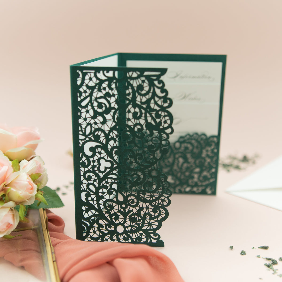 Forest Green Pocketfold Lace Floral Wedding Invitations