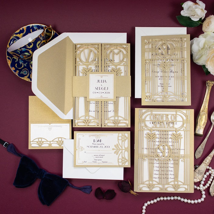 Golden Beige Art Deco Great Gatsby Laser Cut Gatefold Wedding Evening Invitation