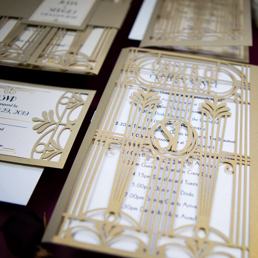 Golden Beige Art Deco Great Gatsby Laser Cut Gatefold Order of Service