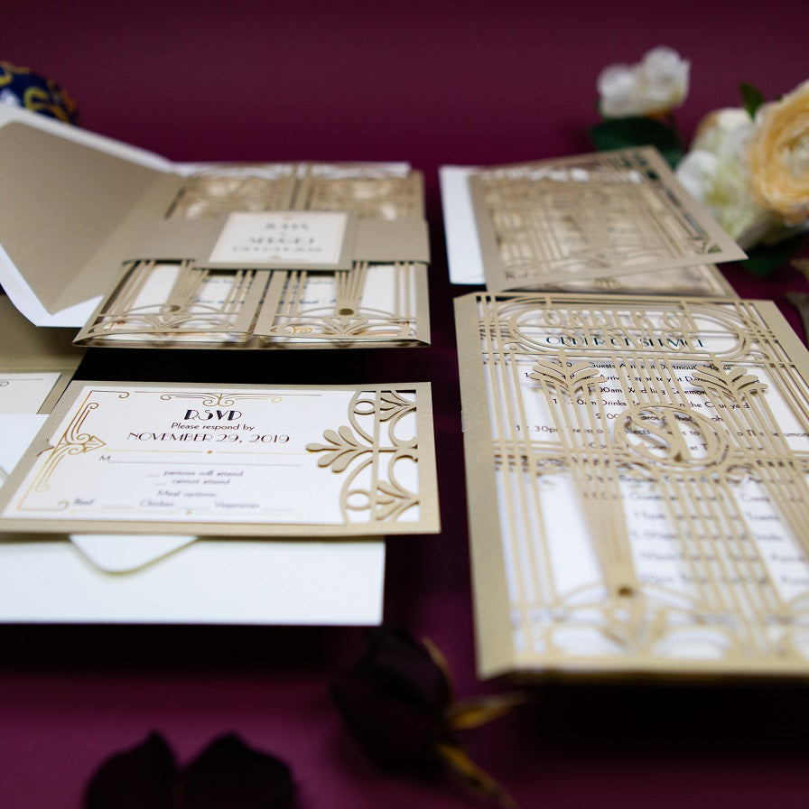 Golden Beige Art Deco Great Gatsby Laser Cut Gatefold Wedding Evening Invitation