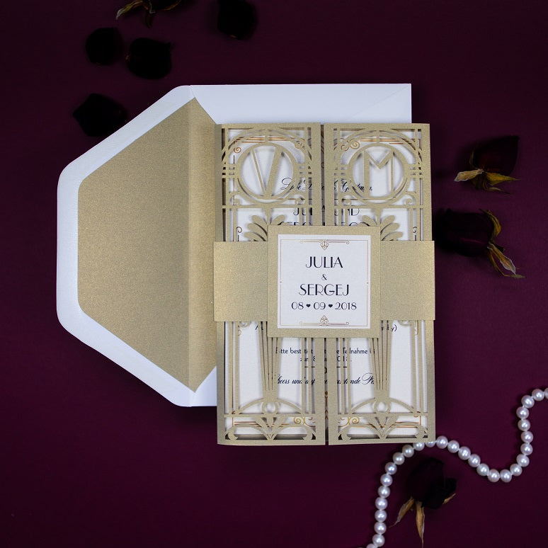 Golden Art Deco Great Gatsby Laser Cut Gatefold Wedding Day Invitation