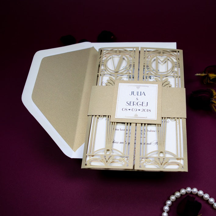 Golden Art Deco Great Gatsby Laser Cut Gatefold Wedding Day Invitation