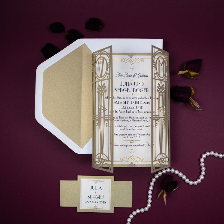 Golden Art Deco Great Gatsby Laser Cut Gatefold Wedding Day Invitation