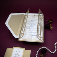 Golden Art Deco Great Gatsby Laser Cut Gatefold Wedding Day Invitation