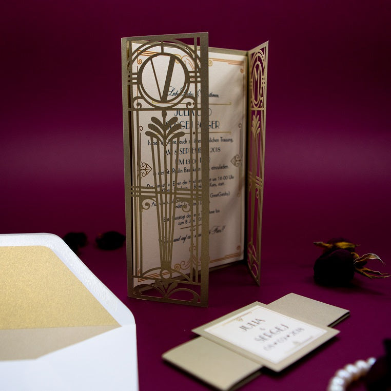 Golden Art Deco Great Gatsby Laser Cut Gatefold Wedding Day Invitation