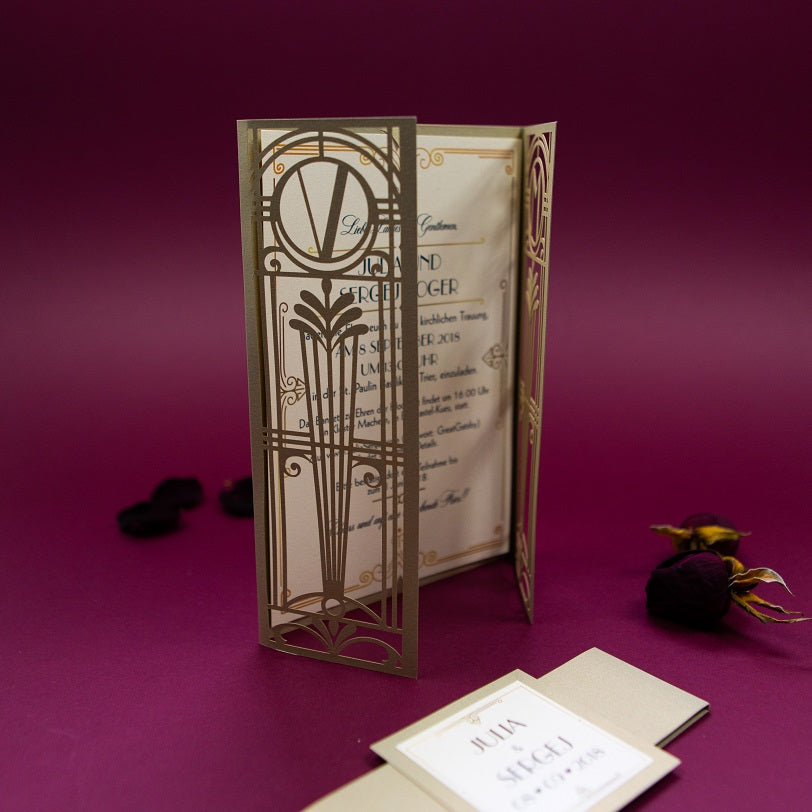 Golden Art Deco Great Gatsby Laser Cut Gatefold Wedding Day Invitation