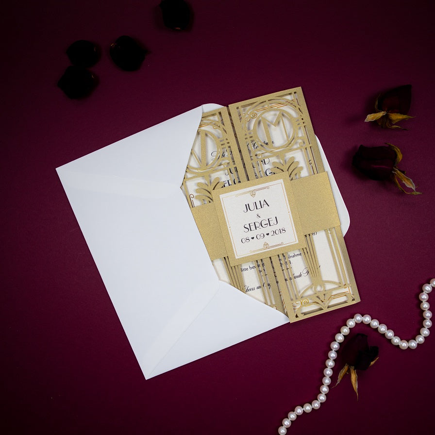 Golden Art Deco Great Gatsby Laser Cut Gatefold Wedding Day Invitation