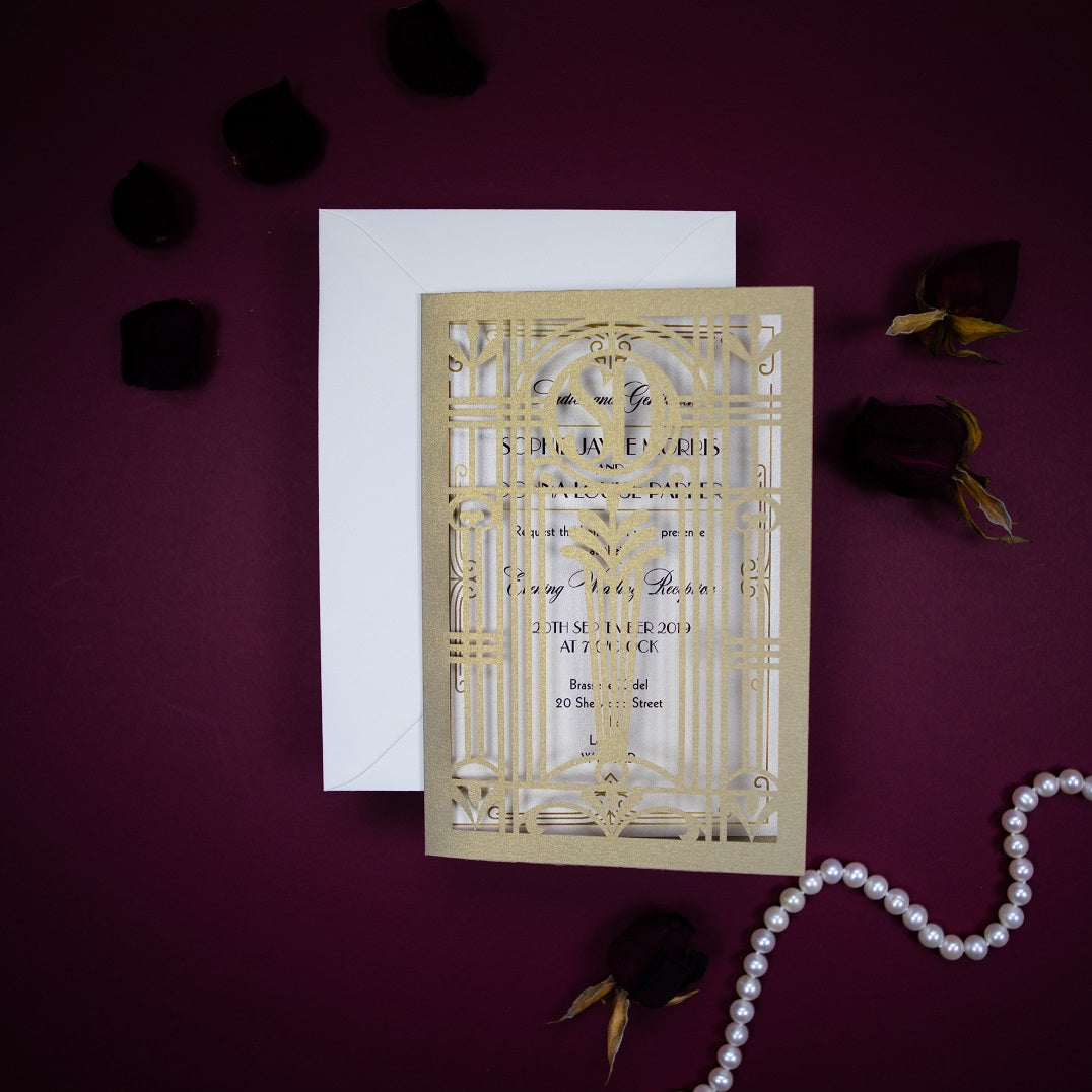 Golden Beige Art Deco Great Gatsby Laser Cut Gatefold Wedding Evening Invitation