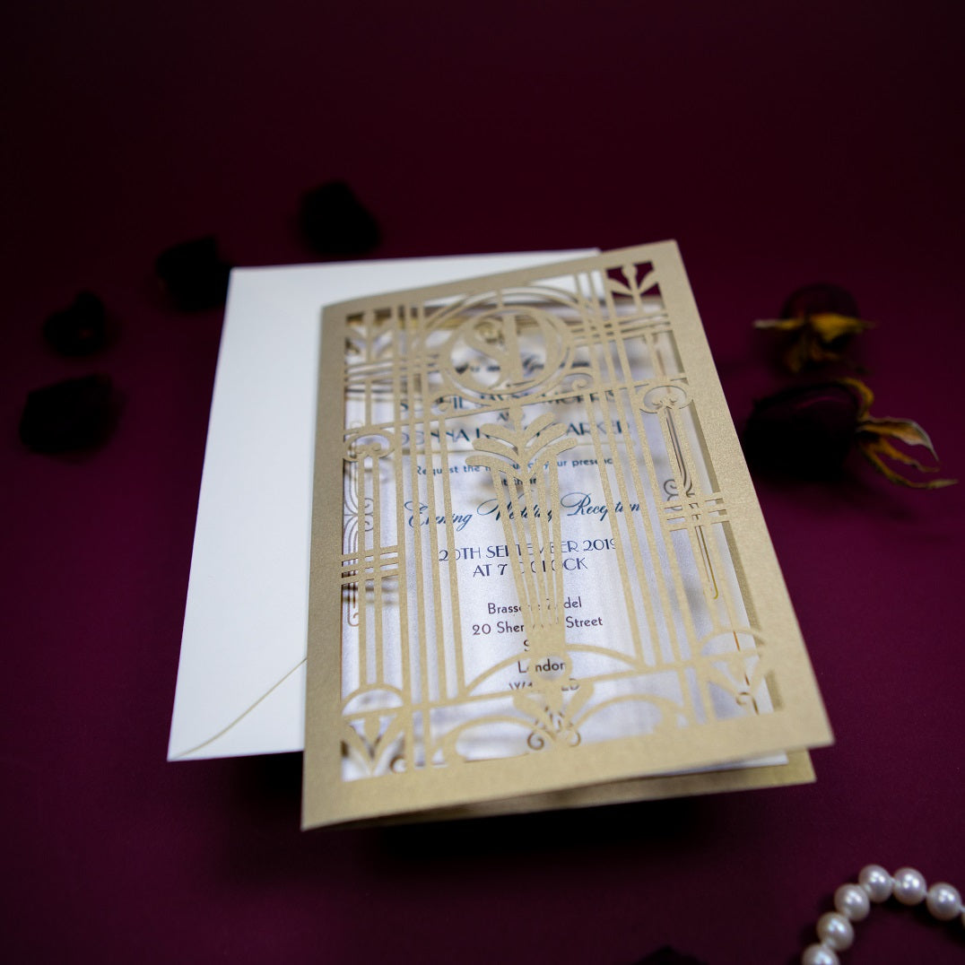 Golden Beige Art Deco Great Gatsby Laser Cut Gatefold Wedding Evening Invitation