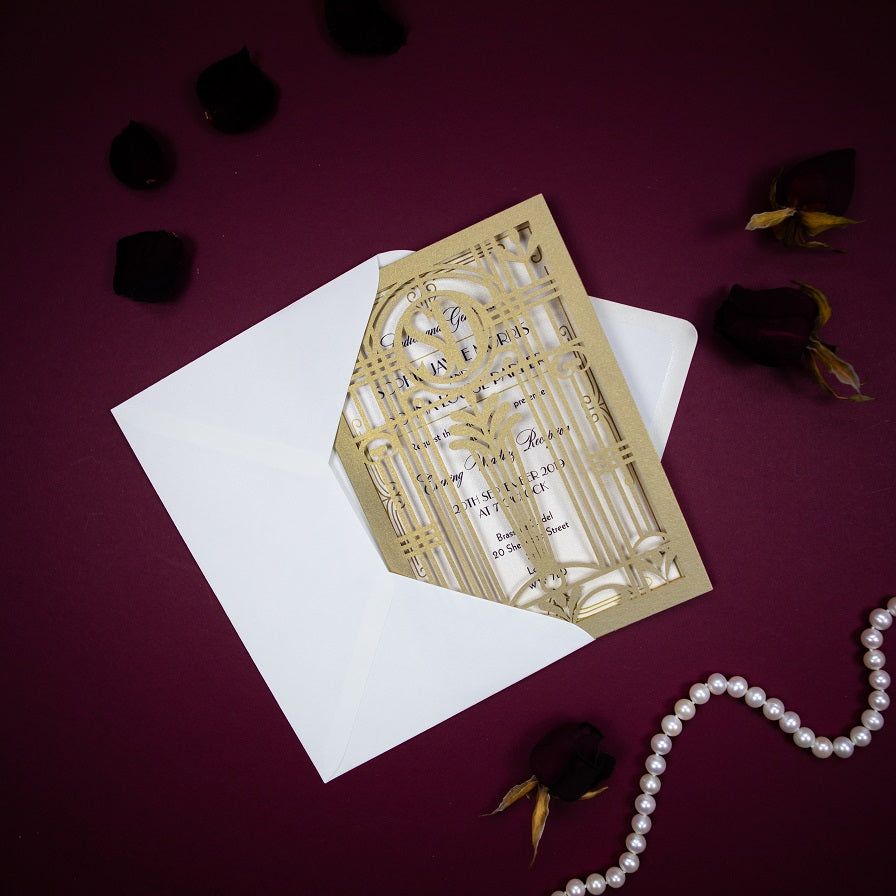 Golden Beige Art Deco Great Gatsby Laser Cut Gatefold Wedding Evening Invitation