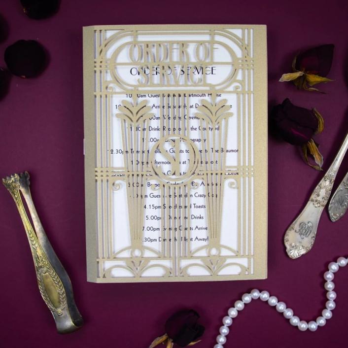 Golden Beige Art Deco Great Gatsby Laser Cut Gatefold Order of Service