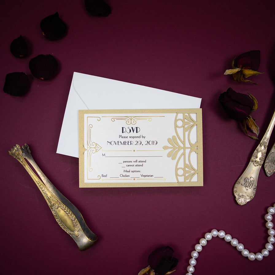 Golden Beige Art Deco Great Gatsby Laser Cut Gatefold Wedding RSVP/Save the Date /Thank You Card