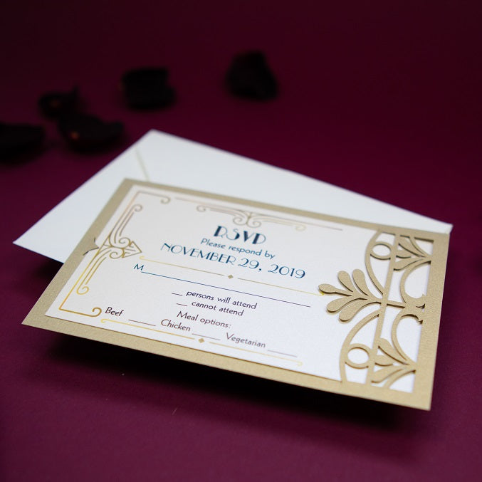 Golden Beige Art Deco Great Gatsby Laser Cut Gatefold Wedding RSVP/Save the Date /Thank You Card