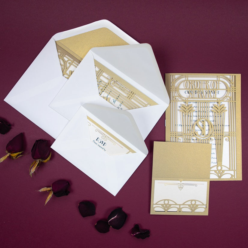 Golden Beige Art Deco Great Gatsby Laser Cut Gatefold Wedding Evening Invitation