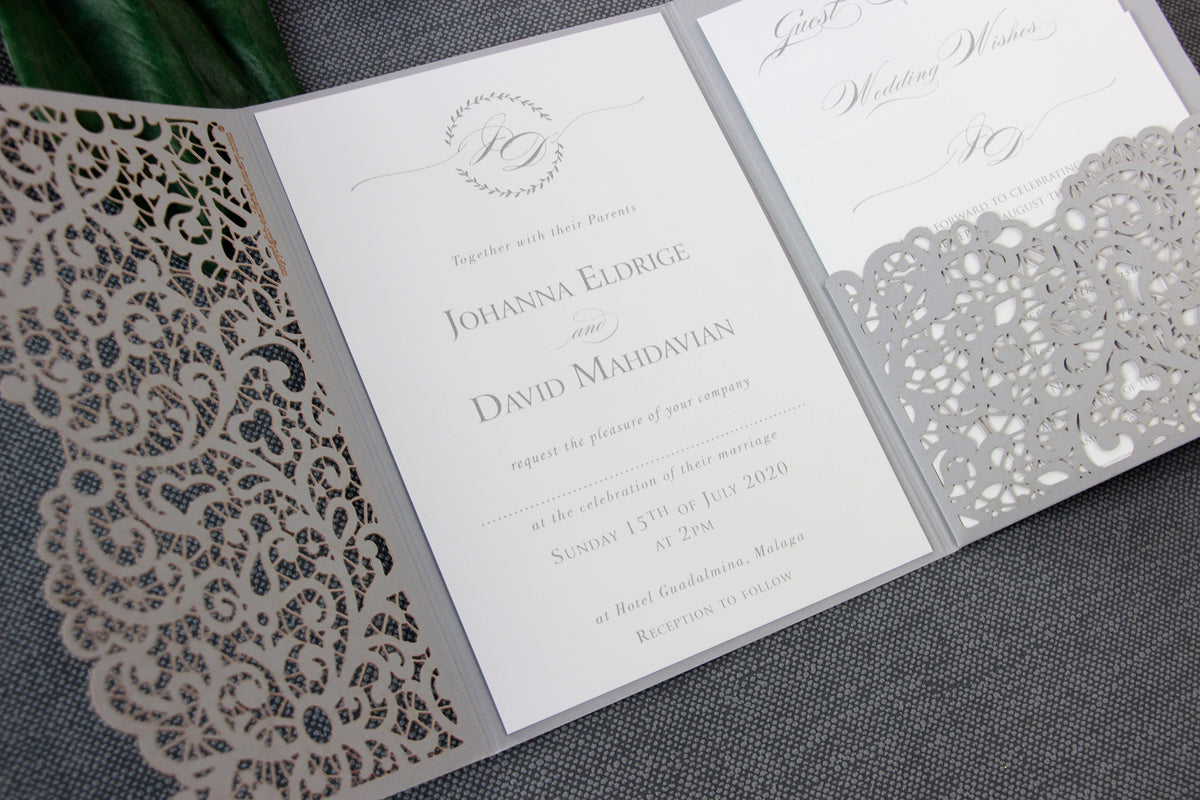 Grey Pocketfold Lace Floral Wedding Invitations