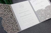 Grey Pocketfold Lace Floral Wedding Invitations