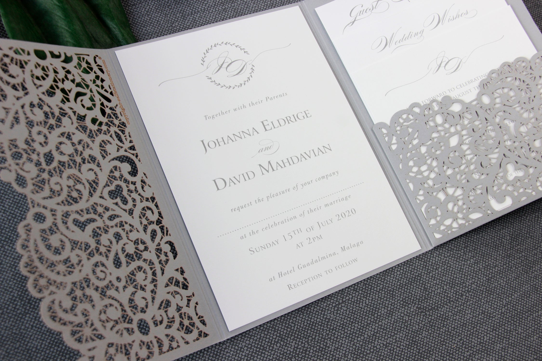 Grey Pocketfold Lace Floral Wedding Invitations