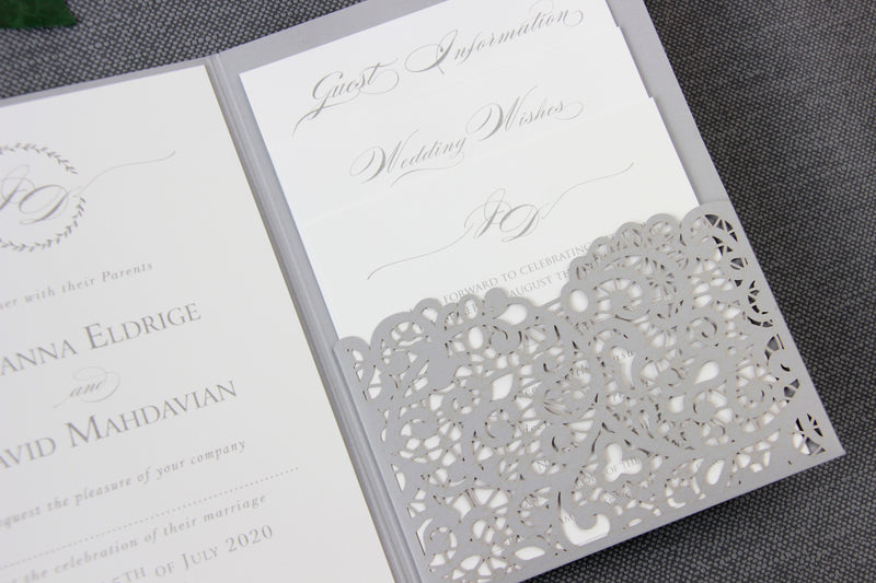 Grey Pocketfold Lace Floral Wedding Invitations