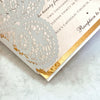 Laser cut White Lace Effect Wedding Invitation, Matching Dusty Peach Ribbon & Envelope
