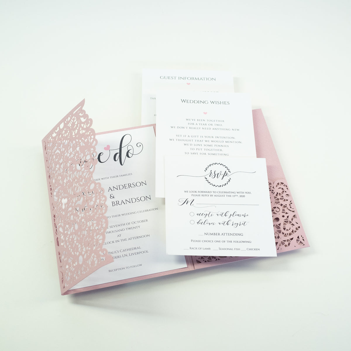 Pink Rose Pocketfold Lace Floral Wedding Invitations