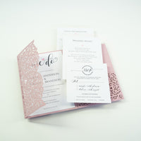 Pink Rose Pocketfold Lace Floral Wedding Invitations