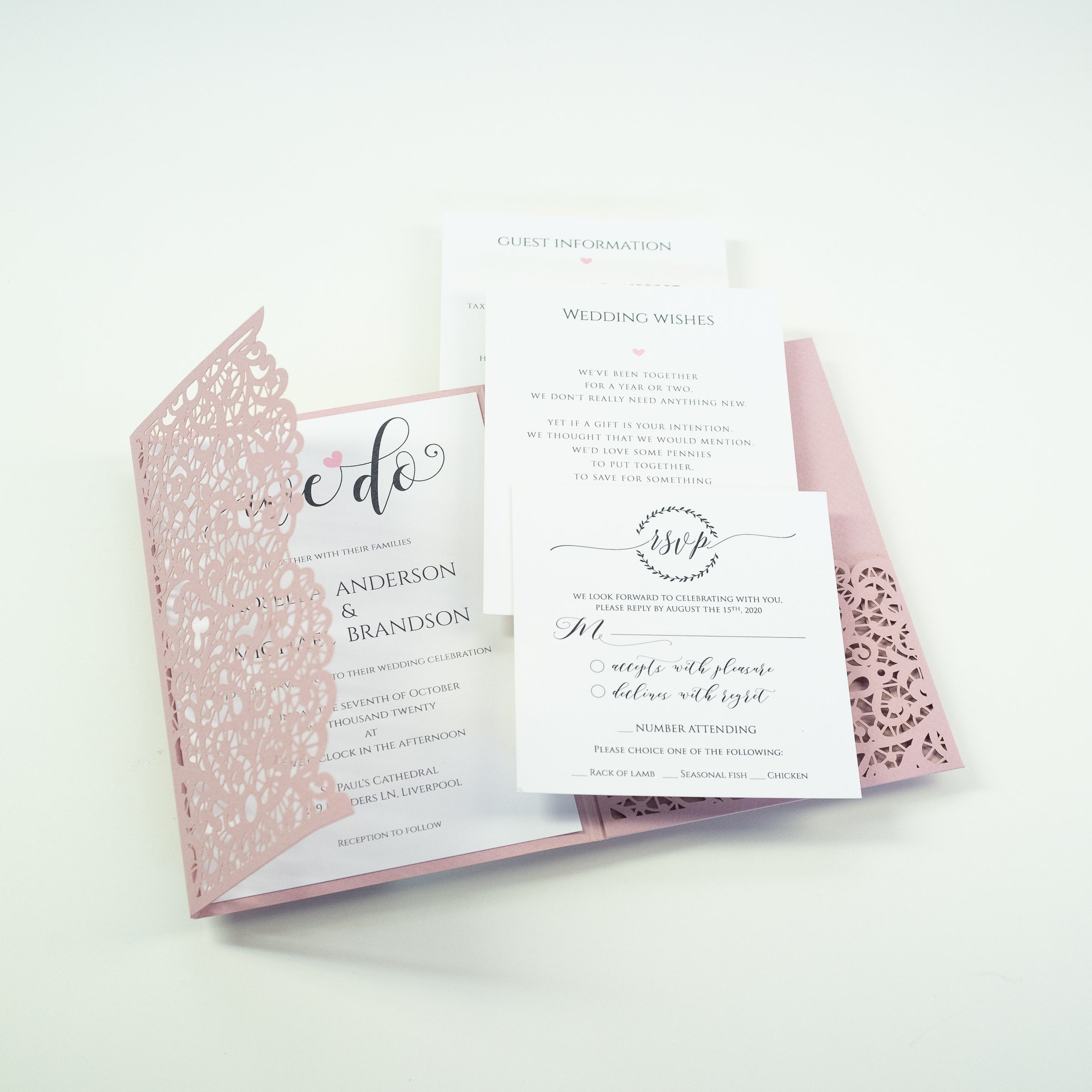 Pink Rose Pocketfold Lace Floral Wedding Invitations