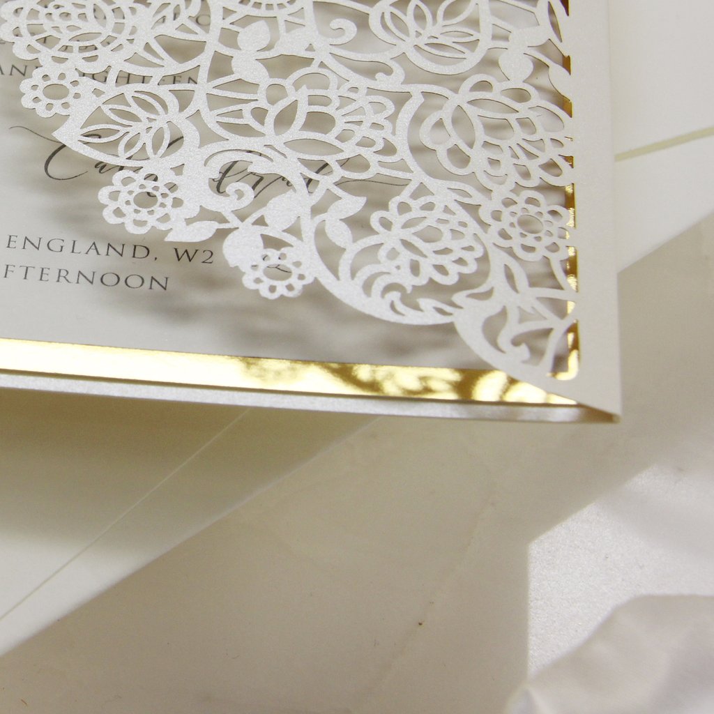 Cream Square Wedding Invitation Laser Cut Gatefold with Gold Foil Border