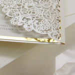 Cream Square Wedding Invitation Laser Cut Gatefold with Gold Foil Border