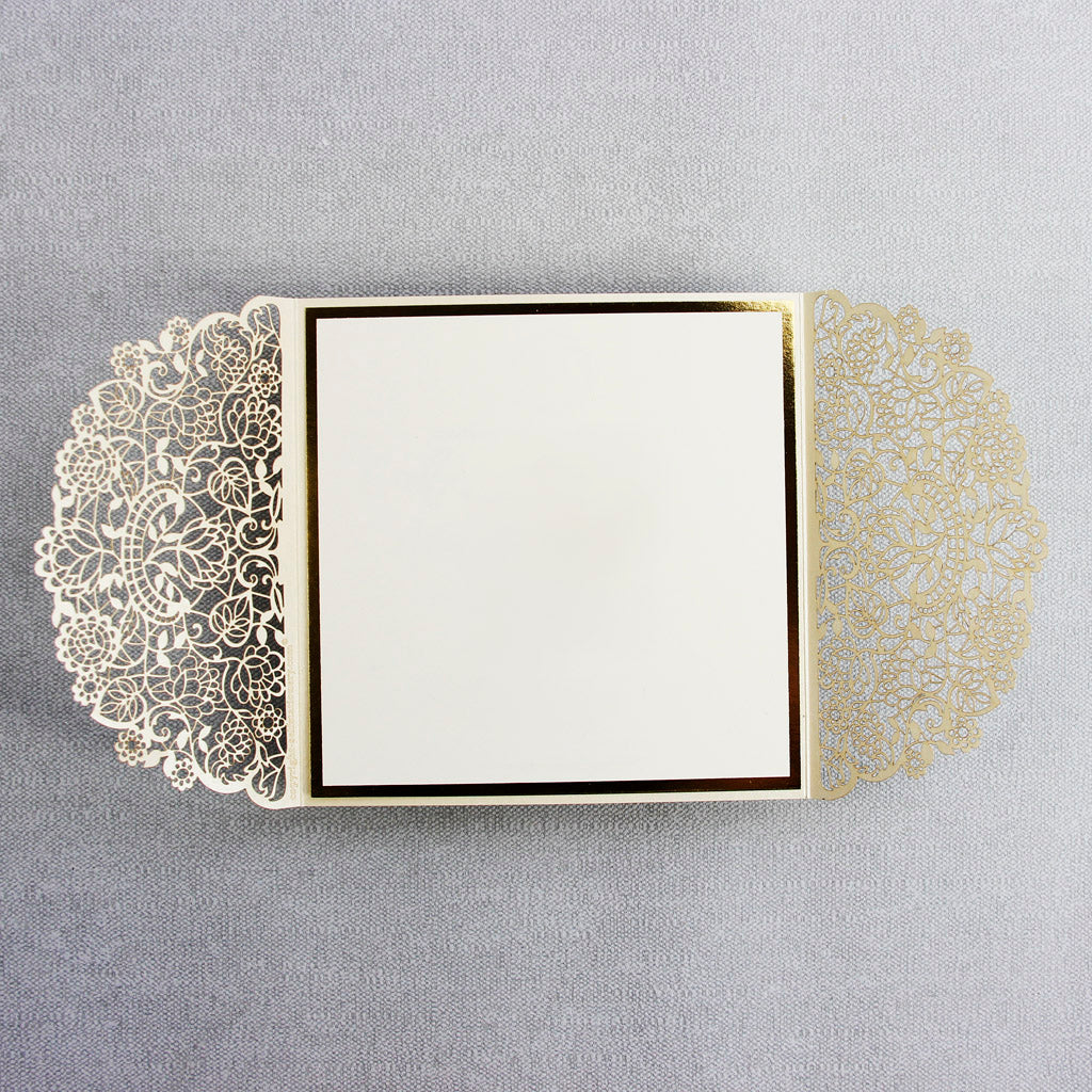 Cream Square Wedding Invitation Laser Cut Gatefold with Gold Foil Border