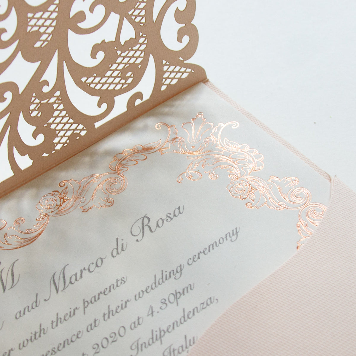 Peach Laser Cut Pocket Wedding Invitations with Rose Gold Ornament