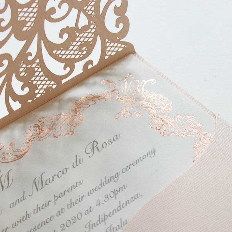 Peach Laser Cut Pocket Wedding Invitations with Rose Gold Ornament