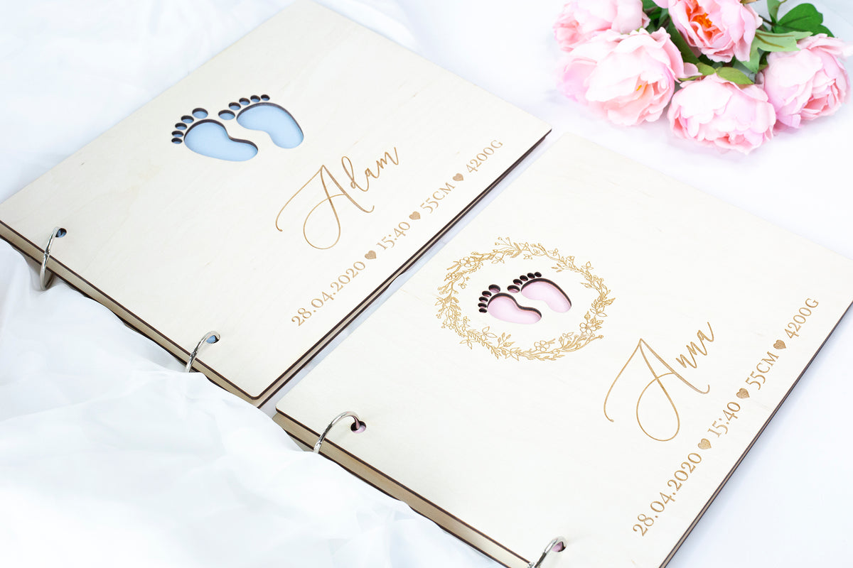 Beautiful Baby Wooden Memory Book, Photo Album with personalization - a Gift for Baptism, Birthday, My First Year- For Baby Girl