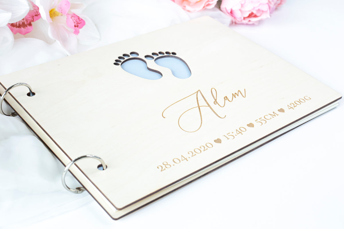 Beautiful Baby Wooden Memory Book, Photo Album with personalization - a Gift for Baptism, Birthday, My First Year- For Baby Boy