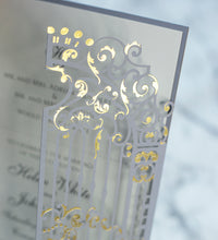 Elegant Gray Monogram Ornamental Gatefold Laser Cut Wedding Day Invitation with Gold Foil