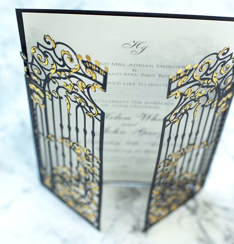 Personalised Elegant Black Monogram Ornamental Gatefold Laser Cut Wedding Day Invitation with Gold Foil