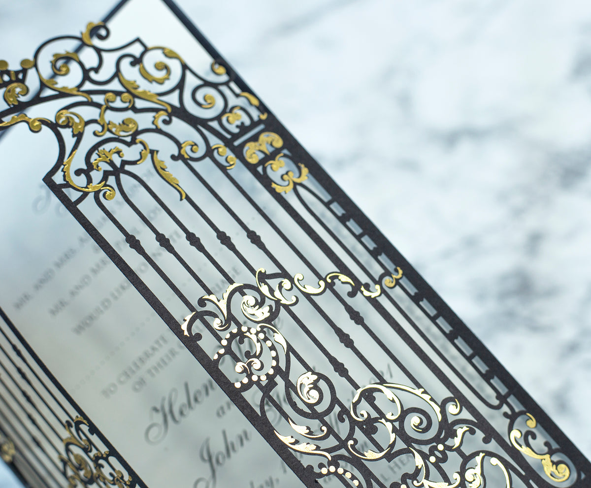 Elegant Black Monogram Ornamental Gatefold Laser Cut Wedding Day Invitation with Gold Foil