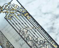 Personalised Elegant Black Monogram Ornamental Gatefold Laser Cut Wedding Day Invitation with Gold Foil